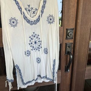 Swimsuit cover up-  sheer with blue embroidery -  so pretty and feels good on!